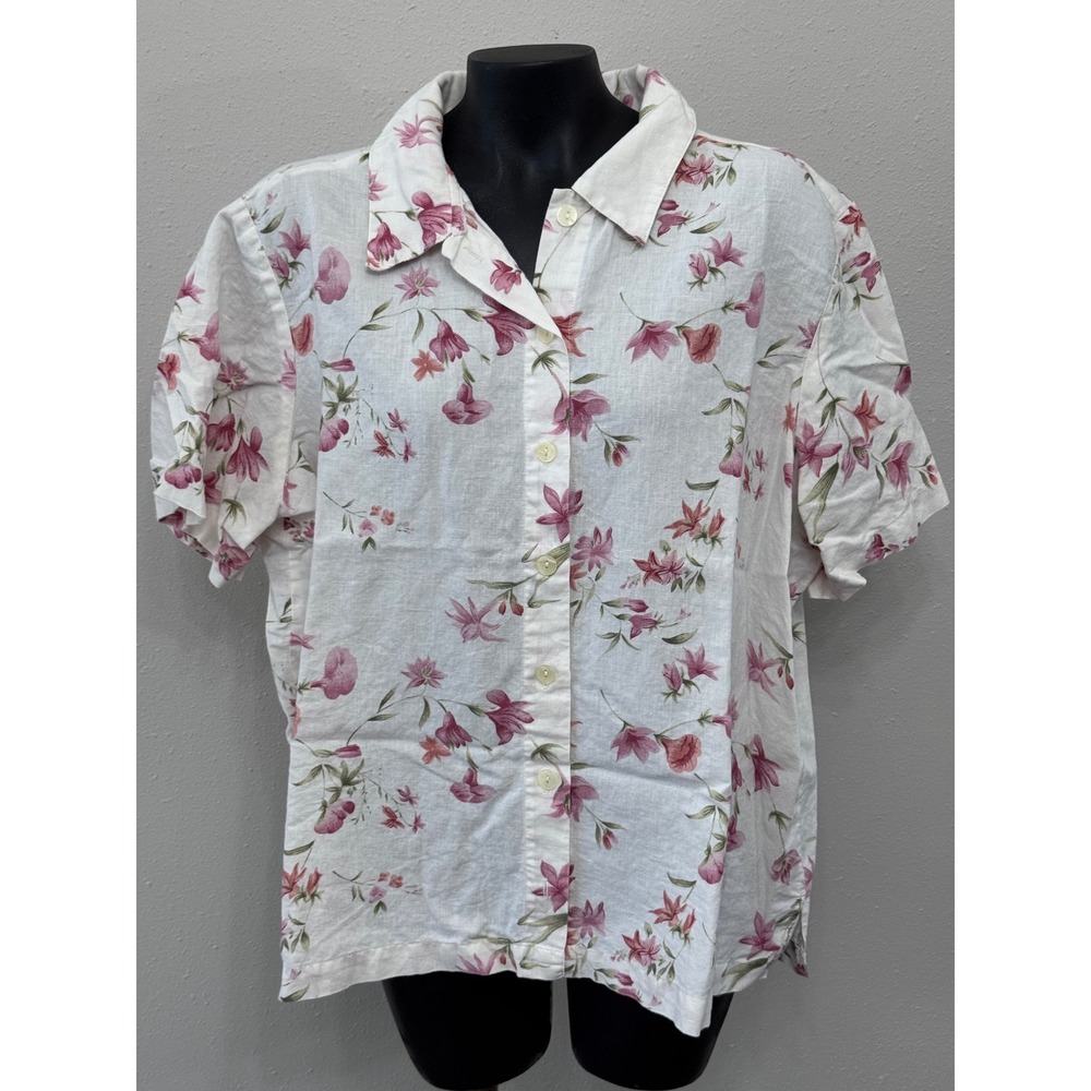 Lemon Grass Womens 2X Linen Cotton Floral Top S/S Button Up Cottage Feminine